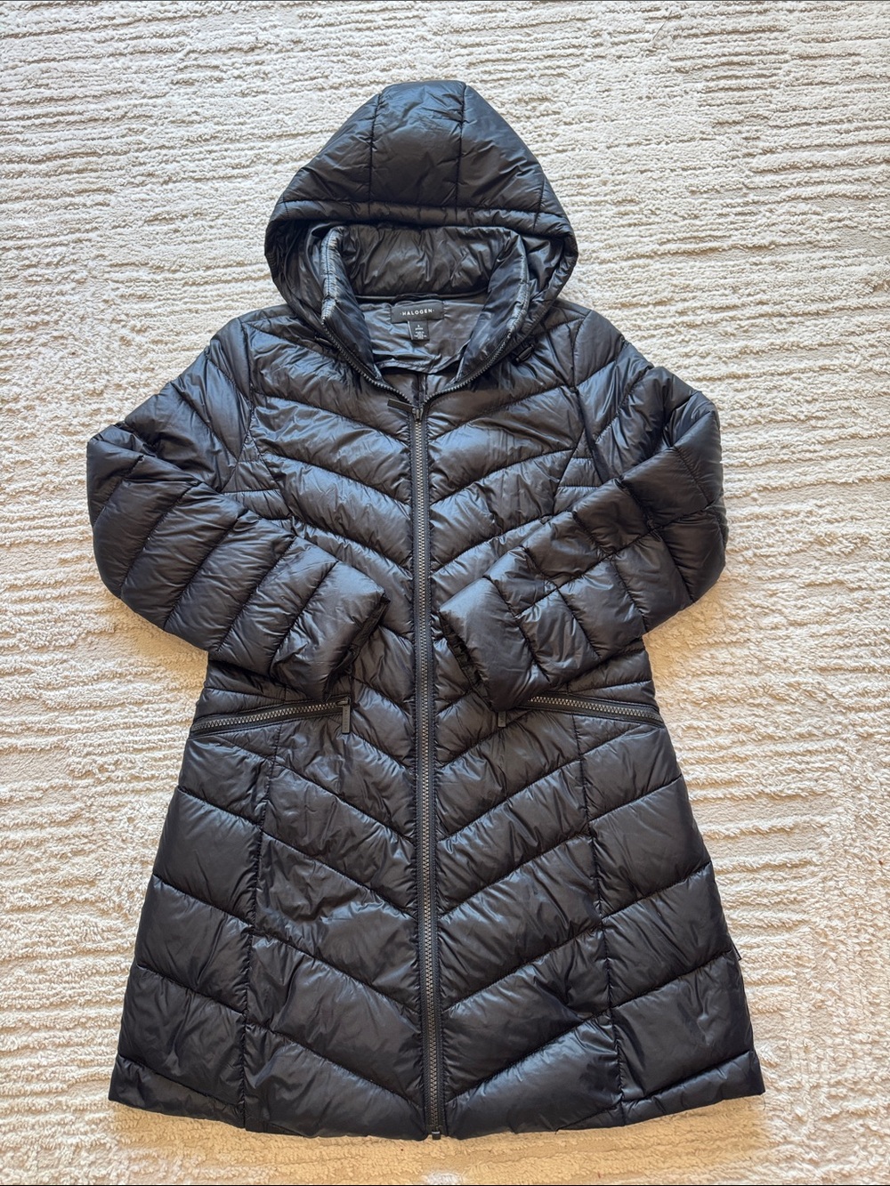 Halogen Black Hooded Chevron Quilted Puffer Coat - Small Petite